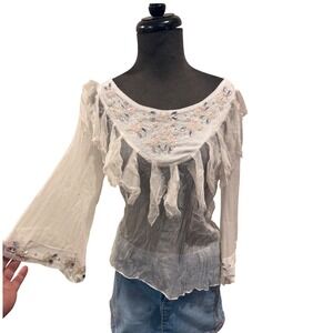 By Deep Los Angeles Silk Beaded Ruffle Blouse White Bell Sleeve Boho Top L T2027